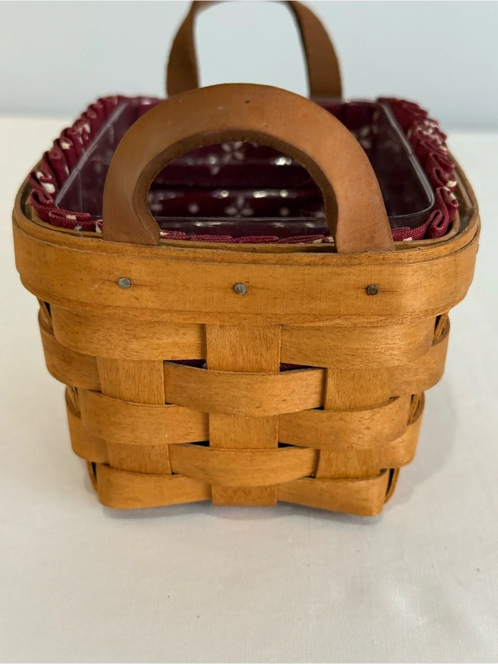 Longaberger Baskets 1994 Tea Basket with Cranberry Color Fabric & Plastic Liner